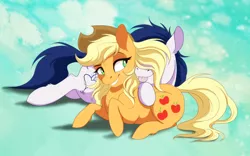 Size: 3508x2187 | Tagged: safe, artist:dvixie, banned from derpibooru, deleted from derpibooru, derpibooru import, applejack, oc, oc:constance everheart, pony, :3, :p, abstract background, canon x oc, covered eyes, cute, ear fluff, everjack, female, freckles, grin, hair over eyes, hiding, hoof fluff, jackabetes, leg fluff, lidded eyes, looking back, loose hair, male, ocbetes, prone, shipping, silly, smiling, straight, tongue out