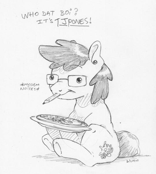 Size: 1563x1736 | Tagged: safe, artist:dilarus, banned from derpibooru, deleted from derpibooru, derpibooru import, oc, oc:tjpones, ponified, unofficial characters only, earth pony, pony, dialogue, ear piercing, food, glasses, monochrome, onomatopoeia, pencil, piercing, pizza, simple background, sitting, solo, traditional art, white background