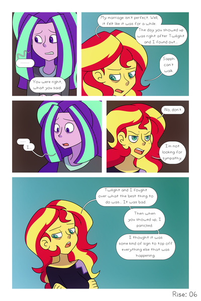 Size: 1280x1920 | Tagged: safe, artist:little-tweenframes, banned from derpibooru, deleted from derpibooru, derpibooru import, aria blaze, sunset shimmer, comic:aria's archives, comic:rise, series:sciset diary, equestria girls, bar, clothes, comic, hoodie, implied lesbian, implied sci-twi, implied scitwishimmer, implied shipping