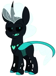 Size: 1645x2230 | Tagged: safe, artist:taaffeiite, banned from derpibooru, deleted from derpibooru, derpibooru import, oc, oc:soul the changeling, unofficial characters only, changedling, changeling, black sclera, blue changeling, blue tongue, changedling oc, changeling oc, colored hooves, fangs, female, mare, open mouth, simple background, solo, sparkles, transparent background