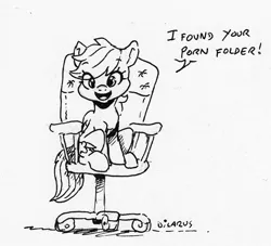 Size: 1084x985 | Tagged: suggestive, artist:dilarus, banned from derpibooru, deleted from derpibooru, derpibooru import, rainbow dash, pegasus, pony, comic:non-sexual cohabitation with rainbow dash, chair, dialogue, female, found your porn, implied porn, mare, monochrome, simple background, smoldash, solo, traditional art, white background