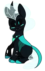 Size: 583x925 | Tagged: safe, artist:taaffeiite, banned from derpibooru, deleted from derpibooru, derpibooru import, oc, oc:soul the changeling, unofficial characters only, changedling, changeling, :3, black sclera, blue changeling, blushing, changedling oc, changeling oc, cute, cuteling, cute little fangs, fangs, female, looking at you, mare, ocbetes, raised hoof, simple background, sitting, smiling, solo, sparkles, transparent background