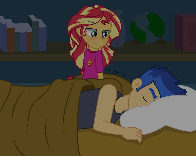 Size: 7700x6140 | Tagged: safe, artist:paulysentry, banned from derpibooru, deleted from derpibooru, derpibooru import, flash sentry, sunset shimmer, equestria girls, bed, blushing, book, bookshelf, clothes, cute, female, flashimmer, flashset daily, globe, male, pajamas, pillow, shipping, sleeping, straight