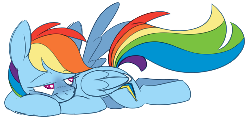 Size: 2349x1148 | Tagged: safe, artist:taaffeiite, banned from derpibooru, deleted from derpibooru, derpibooru import, rainbow dash, pegasus, pony, blushing, colored sketch, cutie mark, female, heart eyes, lidded eyes, lying down, mare, prone, simple background, sketch, smiling, solo, white background, wingding eyes