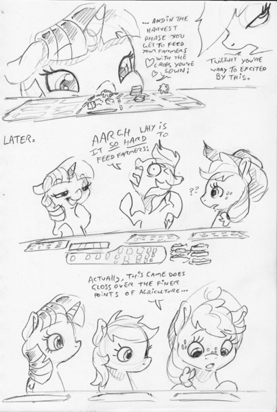 Size: 1671x2482 | Tagged: safe, artist:dilarus, banned from derpibooru, deleted from derpibooru, derpibooru import, applejack, rainbow dash, twilight sparkle, twilight sparkle (alicorn), alicorn, earth pony, pegasus, pony, ..., agricola, board game, comic, dialogue, dork, hat, heart, monochrome, rainbow dash is best facemaker, simple background, slice of life, traditional art, white background