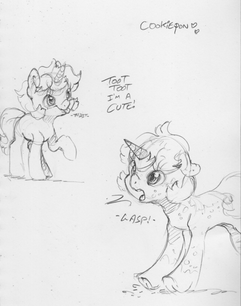 Size: 2231x2826 | Tagged: safe, artist:dilarus, banned from derpibooru, deleted from derpibooru, derpibooru import, oc, oc:cookie, unofficial characters only, pony, unicorn, :p, female, gasp, heart, mare, monochrome, onomatopoeia, raspberry, raspberry noise, silly, simple background, solo, tongue out, traditional art, white background