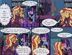 Size: 2048x1573 | Tagged: safe, artist:verumteednp, banned from derpibooru, deleted from derpibooru, derpibooru import, sci-twi, sunset shimmer, twilight sparkle, comic:sparkling shimmer, equestria girls, april fools joke, blushing, clothes, crying, female, kissing, lesbian, sci-twi's room, scitwishimmer, shipping, sunsetsparkle, yelling
