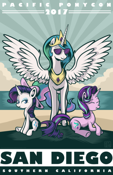 Size: 1970x3045 | Tagged: safe, artist:southparktaoist, banned from derpibooru, deleted from derpibooru, derpibooru import, princess celestia, rarity, starlight glimmer, alicorn, pony, unicorn, beach, convention, female, mare, ocean, pacific ponycon, pacific ponycon 2017, ponycon, poster, san diego, sunglasses, text