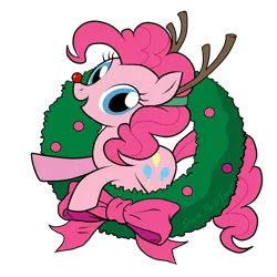 Size: 1712x1712 | Tagged: safe, artist:southparktaoist, banned from derpibooru, deleted from derpibooru, derpibooru import, pinkie pie, earth pony, pony, antlers, bowtie, christmas, christmas wreath, fake antlers, female, holiday, mare, red nose, red nosed, reindeer antlers, simple background, solo, transparent background, wreath