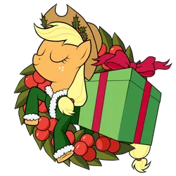 Size: 1712x1712 | Tagged: safe, artist:southparktaoist, banned from derpibooru, deleted from derpibooru, derpibooru import, applejack, earth pony, pony, a christmas carol, christmas, christmas wreath, eyes closed, female, holiday, holly, mare, present, simple background, solo, transparent background, wreath