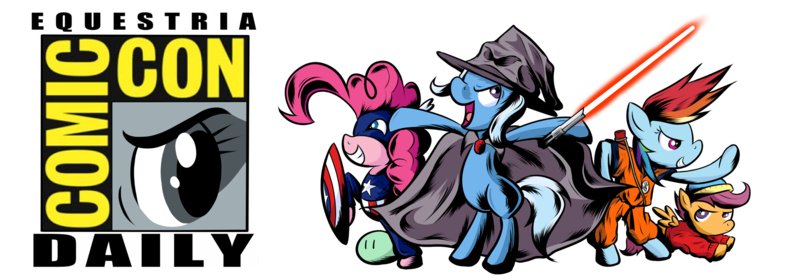 Size: 1900x665 | Tagged: safe, artist:southparktaoist, banned from derpibooru, deleted from derpibooru, derpibooru import, pinkie pie, rainbow dash, scootaloo, trixie, earth pony, pegasus, pony, unicorn, equestria daily, banner, captain america, clothes, cosplay, costume, dango, eric cartman, female, filly, food, goku, harry potter, lightsaber, logo, mare, marvel, marvel comics, reference, san diego comic con, simple background, sorting hat, south park, star wars, text, transparent background, weapon