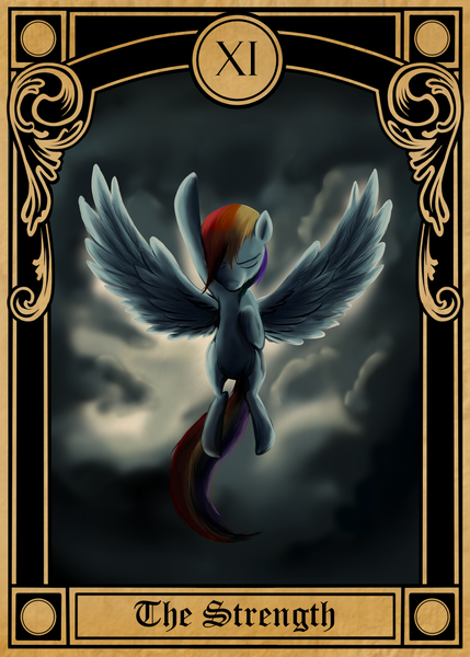 Size: 875x1225 | Tagged: safe, artist:southparktaoist, banned from derpibooru, deleted from derpibooru, derpibooru import, rainbow dash, pegasus, pony, cloud, cloudy, eyes closed, female, flying, mare, sky, solo, tarot card