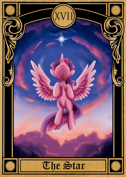 Size: 875x1225 | Tagged: safe, artist:southparktaoist, banned from derpibooru, deleted from derpibooru, derpibooru import, twilight sparkle, twilight sparkle (alicorn), alicorn, pony, cloud, cloudy, female, flying, mare, nose in the air, sky, solo, stars, tarot card