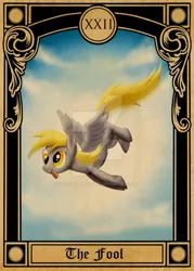 Size: 600x840 | Tagged: safe, artist:southparktaoist, banned from derpibooru, deleted from derpibooru, derpibooru import, derpy hooves, pegasus, pony, deviantart watermark, female, flying, mare, obtrusive watermark, solo, tarot card, watermark