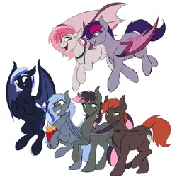 Size: 1600x1600 | Tagged: safe, artist:acesential, banned from derpibooru, deleted from derpibooru, derpibooru import, oc, oc:candy quartz, oc:herbal blend, oc:panne, oc:quill, oc:retro wave, oc:starlight twist, bat pony, pony, bat pony oc, bat wings, bipedal, female, flying, food, french fries, group, hoof hold, looking at each other, male, mare, simple background, stallion, white background, wings