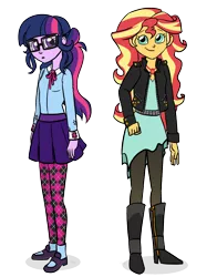 Size: 1006x1280 | Tagged: safe, artist:verumteednp, banned from derpibooru, deleted from derpibooru, derpibooru import, sci-twi, sunset shimmer, twilight sparkle, comic:sparkling shimmer, equestria girls, boots, clothes, dress, female, geode of empathy, glasses, high heel boots, jacket, leather, leather jacket, leggings, magical geodes, pleated skirt, shoes, simple background, skirt, transparent background