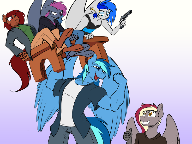 Size: 1920x1438 | Tagged: safe, artist:acesential, banned from derpibooru, deleted from derpibooru, derpibooru import, oc, oc:penny, oc:running riot, oc:sapphire sights, oc:umami stale, oc:velvet quill, unofficial characters only, anthro, earth pony, hippogriff, pegasus, unguligrade anthro, beauty and the beast, breasts, delicious flat chest, gun, lifting, reference, trigger discipline, weapon