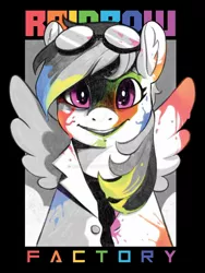 Size: 1024x1365 | Tagged: safe, artist:angstfish, banned from derpibooru, deleted from derpibooru, derpibooru import, rainbow dash, pegasus, pony, fanfic:rainbow factory, bust, clothes, female, goggles, lab coat, liquid rainbow, necktie, pegasus device, rainbow factory dash, spectra, wings