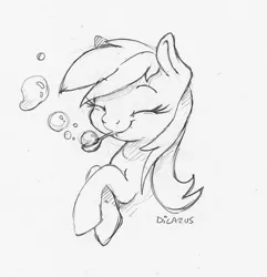 Size: 1219x1267 | Tagged: safe, artist:dilarus, banned from derpibooru, deleted from derpibooru, derpibooru import, derpy hooves, pegasus, pony, bubble, bubble blower, eyes closed, female, mare, monochrome, simple background, smiling, traditional art, white background