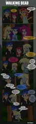 Size: 941x3217 | Tagged: safe, artist:paulysentry, banned from derpibooru, deleted from derpibooru, derpibooru import, apple bloom, applejack, derpy hooves, flash sentry, pinkie pie, rarity, sunset shimmer, comic:the walking dead, equestria girls, equestria girls series, clothes, comic, female, hoodie, implied timber spruce, male