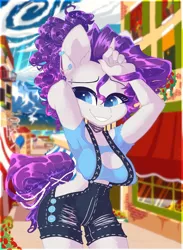 Size: 2935x4000 | Tagged: suggestive, artist:hiccupsdoesart, banned from derpibooru, deleted from derpibooru, derpibooru import, rarity, anthro, unicorn, boob window, breasts, busty rarity, cleavage, clothes, ear piercing, female, piercing, solo
