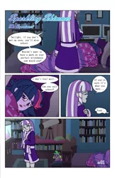 Size: 2650x4096 | Tagged: safe, artist:verumteednp, banned from derpibooru, deleted from derpibooru, derpibooru import, sci-twi, spike, spike the regular dog, twilight sparkle, twilight velvet, dog, comic:sparkling shimmer, equestria girls, chapter 3, clothes, dialogue, equestria girls-ified, female, robe