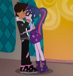 Size: 2721x2848 | Tagged: safe, artist:paulysentry, banned from derpibooru, deleted from derpibooru, derpibooru import, sci-twi, twilight sparkle, oc, equestria girls, boots, canon x oc, clothes, eyes closed, female, glasses, kissing, male, shoes, sneakers, straight