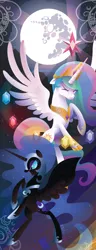 Size: 1200x3137 | Tagged: safe, artist:spacekitty, banned from derpibooru, deleted from derpibooru, derpibooru import, nightmare moon, princess celestia, pony, element of generosity, element of honesty, element of kindness, element of laughter, element of loyalty, element of magic, elements of harmony, mare in the moon, moon, vector, wallpaper