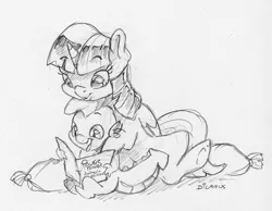 Size: 1543x1200 | Tagged: safe, artist:dilarus, banned from derpibooru, deleted from derpibooru, derpibooru import, spike, twilight sparkle, twilight sparkle (alicorn), alicorn, dragon, pony, book, cute, drake, female, implied power ponies, male, mare, monochrome, reading, simple background, traditional art, white background