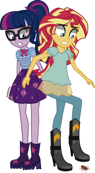 Size: 3998x7309 | Tagged: safe, artist:paulysentry, banned from derpibooru, deleted from derpibooru, derpibooru import, sci-twi, sunset shimmer, twilight sparkle, cockroach, insect, equestria girls, scared