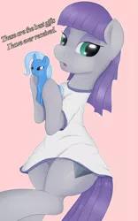 Size: 1945x3115 | Tagged: safe, artist:booponies, banned from derpibooru, deleted from derpibooru, derpibooru import, maud pie, trixie, earth pony, pony, unicorn, clothes, cute, implied mauxie, plushie, shirt, solo, wrong cutie mark