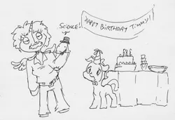 Size: 2791x1909 | Tagged: safe, artist:dilarus, banned from derpibooru, deleted from derpibooru, derpibooru import, twilight sparkle, earth pony, human, pony, comic:the many faces of twilight sparkle, banner, birthday, birthday cake, birthday party, cake, dialogue, facial hair, food, horn, humanized, monochrome, moustache, not salmon, party, science, simple background, sock puppet, traditional art, wat, white background, wings