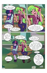 Size: 2650x4096 | Tagged: safe, artist:verumteednp, banned from derpibooru, deleted from derpibooru, derpibooru import, lemon zest, sci-twi, twilight sparkle, comic:sparkling shimmer, equestria girls, backpack, bench, chapter 3, clothes, comic, dialogue, open mouth, sad, sitting