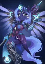 Size: 1000x1410 | Tagged: safe, artist:dvixie, banned from derpibooru, deleted from derpibooru, derpibooru import, princess luna, alicorn, anthro, armor, armor skirt, beautiful, boots, clothes, cosplay, costume, crown, female, jewelry, mercy, overwatch, regalia, shoes, skirt, unconvincing armor, wings