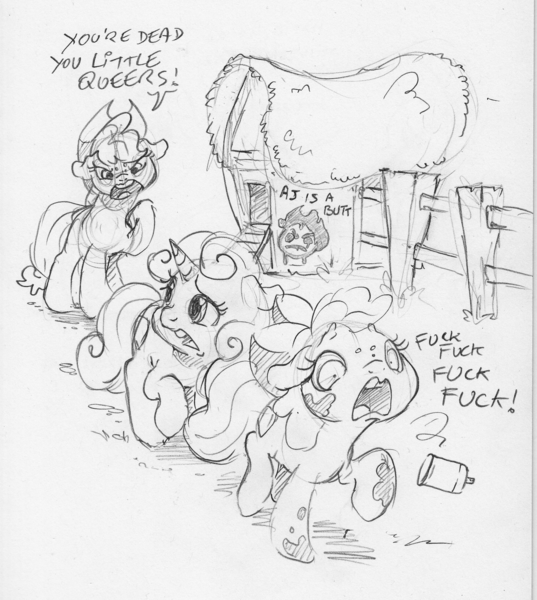 Size: 1648x1843 | Tagged: safe, artist:dilarus, banned from derpibooru, deleted from derpibooru, derpibooru import, apple bloom, applejack, sweetie belle, earth pony, pony, unicorn, dialogue, dukes of hazzard, female, graffiti, mare, monochrome, open mouth, queer, running, simple background, slur, spray paint, traditional art, vulgar, white background