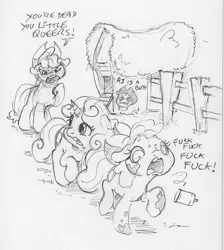 Size: 1648x1843 | Tagged: safe, artist:dilarus, banned from derpibooru, deleted from derpibooru, derpibooru import, apple bloom, applejack, sweetie belle, earth pony, pony, unicorn, dialogue, dukes of hazzard, female, graffiti, mare, monochrome, open mouth, queer, running, simple background, slur, spray paint, traditional art, vulgar, white background