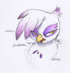 Size: 1292x1356 | Tagged: safe, artist:dilarus, banned from derpibooru, deleted from derpibooru, derpibooru import, gilda, gryphon, colored pencil drawing, dialogue, disembodied head, dweeb, female, head, onomatopoeia, simple background, solo, traditional art, white background