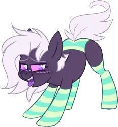 Size: 696x750 | Tagged: safe, artist:taaffeiite, banned from derpibooru, deleted from derpibooru, derpibooru import, oc, oc:cyberia starlight, unofficial characters only, earth pony, pony, aroused, blushing, clothes, colored sclera, female, looking back, mare, open mouth, panties, presenting, purple eyes, sharp teeth, simple background, smiling, socks, solo, striped socks, striped underwear, teeth, tongue out, transparent background, underwear, white pupils