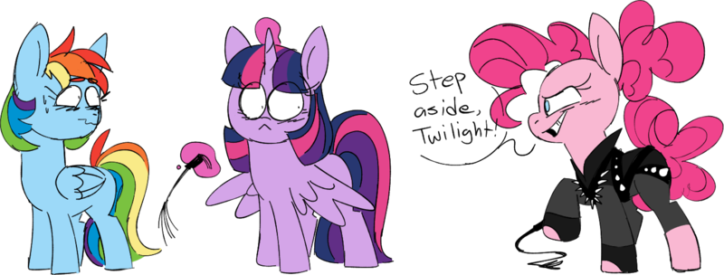 Size: 1431x543 | Tagged: suggestive, artist:taaffeiite, banned from derpibooru, deleted from derpibooru, derpibooru import, pinkie pie, rainbow dash, twilight sparkle, twilight sparkle (alicorn), alicorn, earth pony, pegasus, pony, :<, alternate hairstyle, blushing, chibi, clothes, domination, dominatrix, female, image, implied pinkiedash, kinkie pie, lesbian, levitation, magic, mare, nervous, png, riding crop, shipping, simple background, spikes, telekinesis, transparent background, twidash