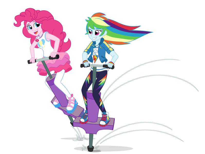 Size: 1920x1446 | Tagged: safe, artist:verumteednp, banned from derpibooru, deleted from derpibooru, derpibooru import, pinkie pie, rainbow dash, equestria girls, equestria girls series, clothes, commission, converse, geode of sugar bombs, geode of super speed, magical geodes, open mouth, pants, pogo stick, shoes, simple background, smiling, sneakers, transparent background