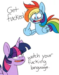 Size: 783x984 | Tagged: safe, artist:taaffeiite, banned from derpibooru, deleted from derpibooru, derpibooru import, rainbow dash, twilight sparkle, twilight sparkle (alicorn), alicorn, pegasus, pony, colored sketch, dialogue, duo, eye clipping through hair, female, hypocrisy, hypocritical humor, mare, middle feather, middle finger, rainbow douche, simple background, text, vulgar, white background, wing hands, wings