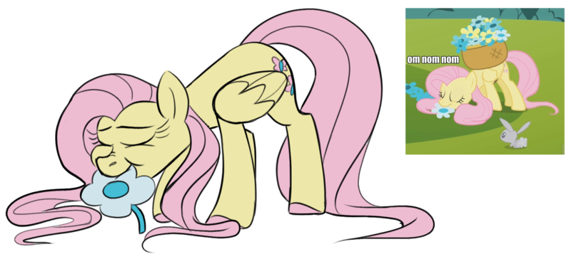 Size: 1408x640 | Tagged: safe, artist:taaffeiite, banned from derpibooru, deleted from derpibooru, derpibooru import, fluttershy, pegasus, pony, swarm of the century, colored hooves, comparison, eating, eyes closed, female, flower, grazing, horses doing horse things, mare, nom, redraw, scene interpretation, simple background, solo, transparent background