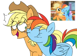 Size: 1186x874 | Tagged: safe, artist:taaffeiite, banned from derpibooru, deleted from derpibooru, derpibooru import, applejack, rainbow dash, earth pony, pegasus, pony, the mysterious mare do well, appledash, applejack's hat, blushing, comparison, cowboy hat, duo, female, freckles, hat, kiss on the cheek, kissing, lesbian, mare, redraw, scene interpretation, shipping, simple background, surprised, transparent background