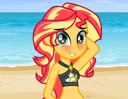 Size: 6050x4675 | Tagged: safe, artist:paulysentry, banned from derpibooru, deleted from derpibooru, derpibooru import, sunset shimmer, equestria girls, equestria girls series, absurd resolution, adorasexy, arm behind head, beach, belly button, bikini, bikini top, blushing, clothes, cute, female, looking at you, midriff, ocean, sand, sexy, shimmerbetes, sleeveless, smiling, solo, swimsuit