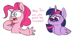 Size: 1446x751 | Tagged: safe, artist:taaffeiite, banned from derpibooru, deleted from derpibooru, derpibooru import, pinkie pie, twilight sparkle, twilight sparkle (alicorn), alicorn, earth pony, pony, bust, chips, dialogue, duo, eating, fear, female, food, hoof fingers, mare, pinkie being pinkie, portrait, simple background, suddenly hands, sweat, sweating profusely, text, white background, white pupils
