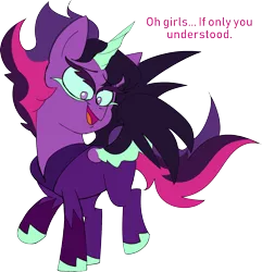 Size: 1546x1603 | Tagged: safe, artist:taaffeiite, banned from derpibooru, deleted from derpibooru, derpibooru import, sci-twi, twilight sparkle, ponified, pony, equestria girls, bodysuit, dialogue, equestria girls ponified, female, mare, midnight sparkle, offscreen character, open mouth, raised hoof, simple background, spread wings, text, transparent background, wings