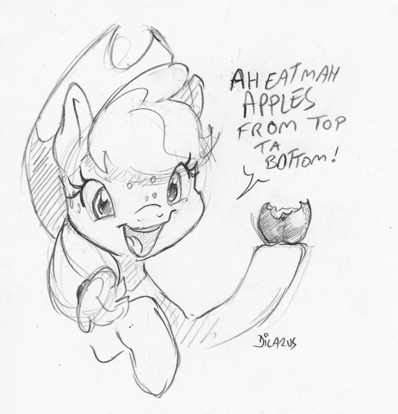 Size: 1258x1311 | Tagged: safe, artist:dilarus, banned from derpibooru, deleted from derpibooru, derpibooru import, applejack, earth pony, pony, apple, cowboy hat, dialogue, female, food, freckles, hat, heresy, hoof hold, mare, monochrome, open mouth, silly, silly pony, simple background, that pony sure does love apples, traditional art, white background, who's a silly pony