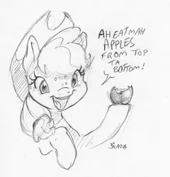 Size: 1258x1311 | Tagged: safe, artist:dilarus, banned from derpibooru, deleted from derpibooru, derpibooru import, applejack, earth pony, pony, apple, cowboy hat, dialogue, female, food, freckles, hat, heresy, hoof hold, mare, monochrome, open mouth, silly, silly pony, simple background, that pony sure does love apples, traditional art, white background, who's a silly pony