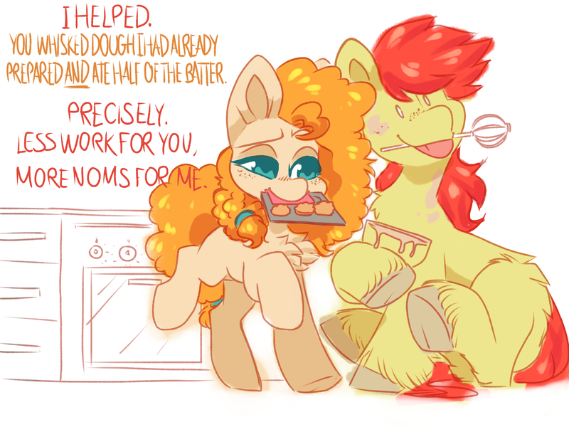 Size: 4000x3000 | Tagged: safe, artist:hiccupsdoesart, banned from derpibooru, deleted from derpibooru, derpibooru import, bright mac, pear butter, earth pony, pony, baking, baking sheet, bowl, brightabetes, brightbutter, chest fluff, colored pupils, cupcake, cute, dialogue, female, food, freckles, male, mare, mixing bowl, mouth hold, pearabetes, shipping, sitting, stallion, straight, tongue out, unshorn fetlocks