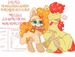 Size: 4000x3000 | Tagged: safe, artist:hiccupsdoesart, banned from derpibooru, deleted from derpibooru, derpibooru import, bright mac, pear butter, earth pony, pony, baking, baking sheet, bowl, brightabetes, brightbutter, chest fluff, colored pupils, cupcake, cute, dialogue, female, food, freckles, male, mare, mixing bowl, mouth hold, pearabetes, shipping, sitting, stallion, straight, tongue out, unshorn fetlocks